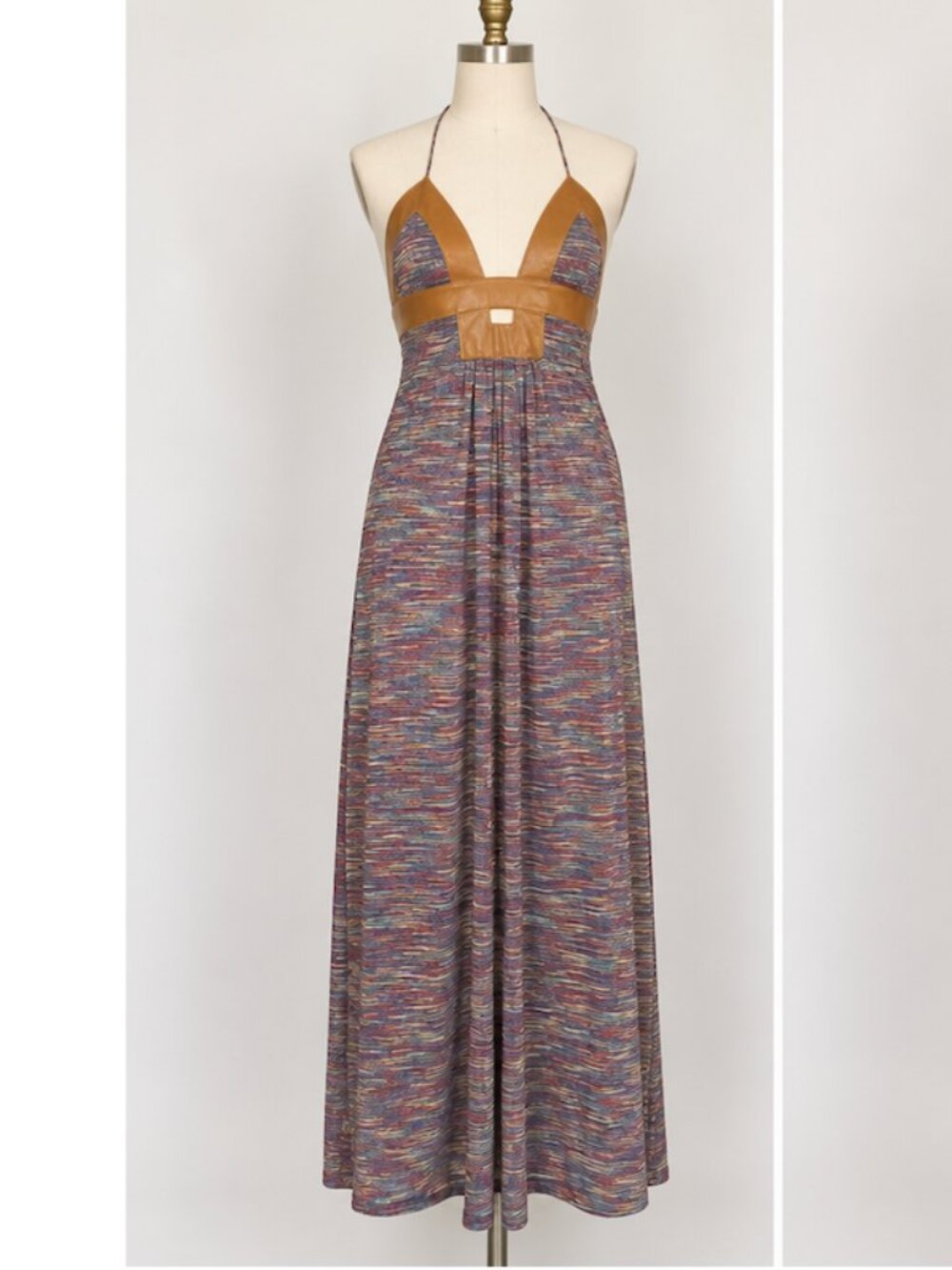 Vintage Y2K Ingwa Melero Leather Trim Halter Maxi Dress XS